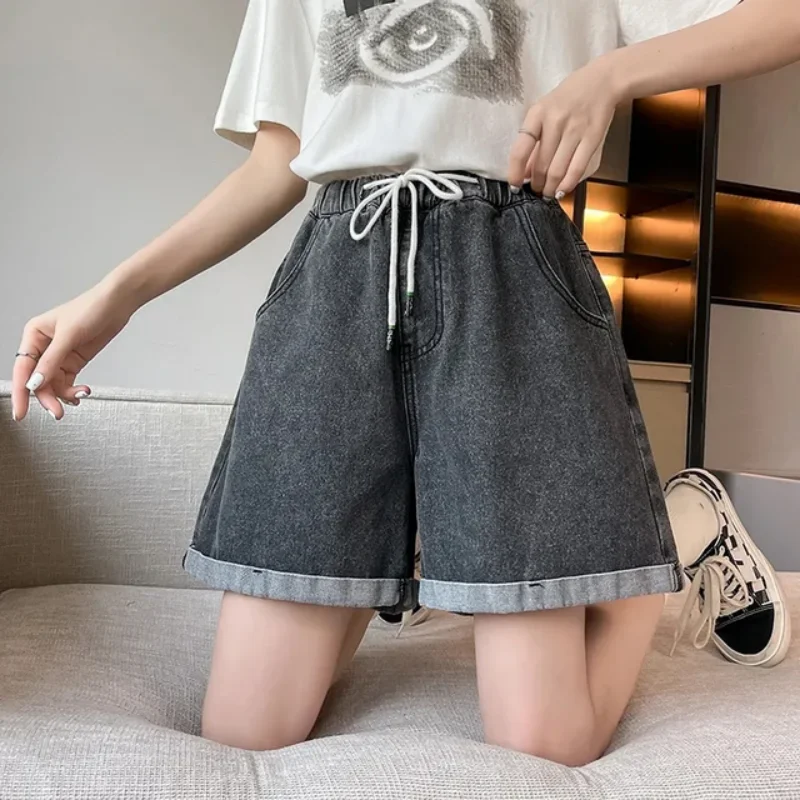 Big Size Black Denim Shorts Summer A-line Wide Leg Wide Loose Tight High Waist Skinny Student Fattening Women's Denim Soft