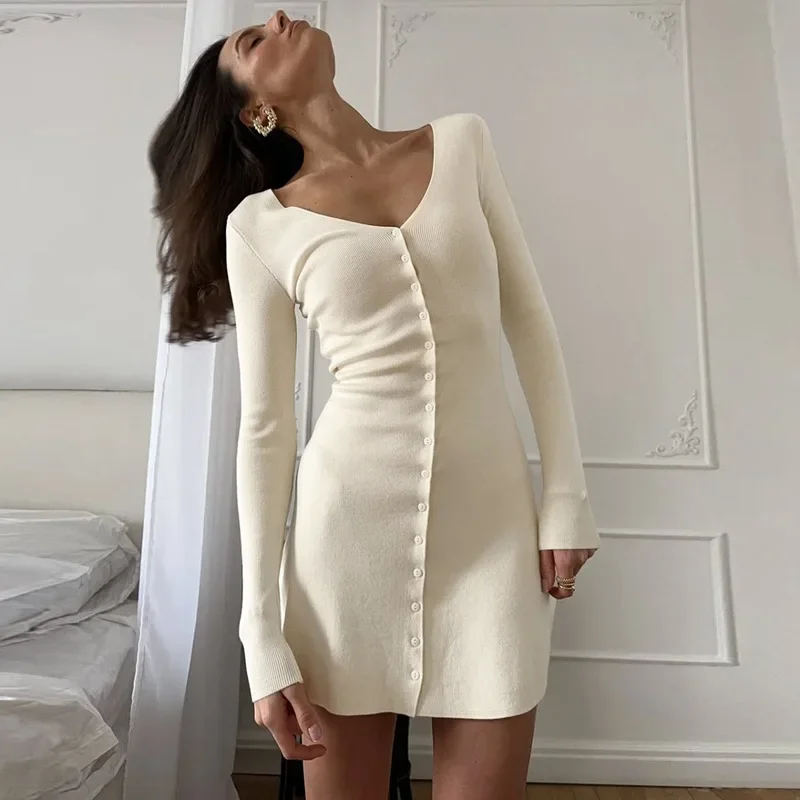 

Fmxires Fashion Single Breasted Mini Dress Female Solid Long Sleeve V neck Dress Slim High Waist 2025 Autumn New Women's Dress