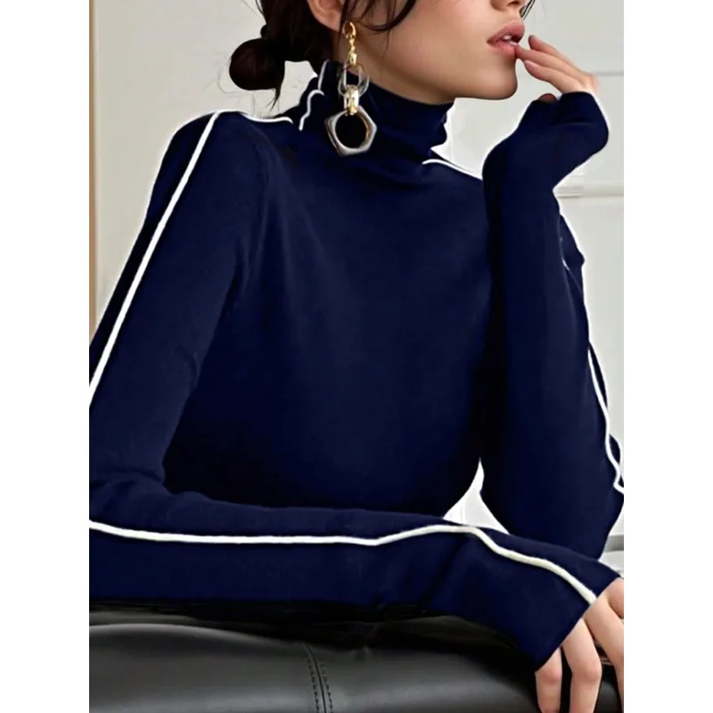 

Женская темно-синяя водолазка с длинным рукавом, новинка 2026 года, модная, с контрастными вставками, приталенная, повседневная, базовая, для выхода в свет, блузка