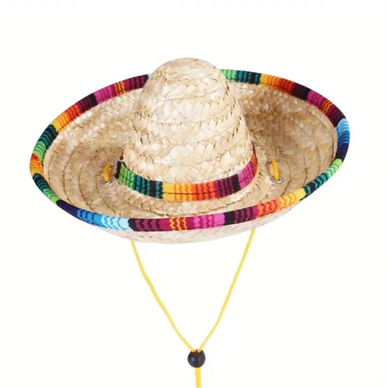 Summer Pet Knitted Straw Hat Mexican Style Foreign Shading Anti Falling Adjustable Ultra Small Size Mini Animal Accessories