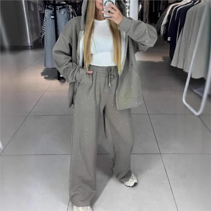 Fall Winter Rhinestone Diamonds Hooded Sweatshirt Two Piece Set Women Tracksuits Coat Drawstring Pants Retro Loose Sport Suit