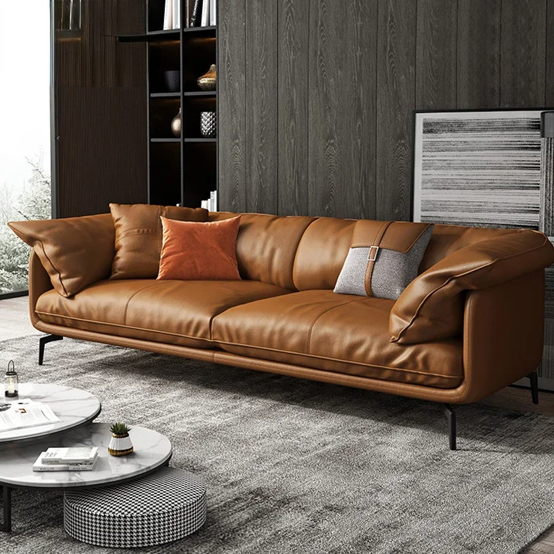 

Leather Sofa First Layer Cowhide Light Luxury Nordic Living Room Small Apartment Straight Row Sofa