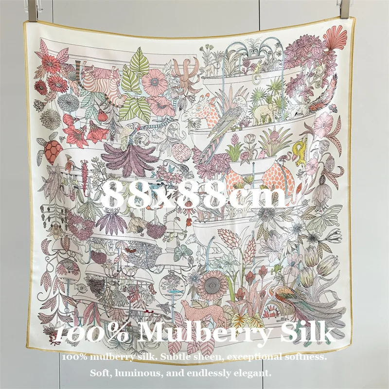 

Premium 100% Real Silk Scarf 88x88cm Large Square Silk Wraps for Women Elegant Vintage Floral Printed Head Scarf Hair Bandana