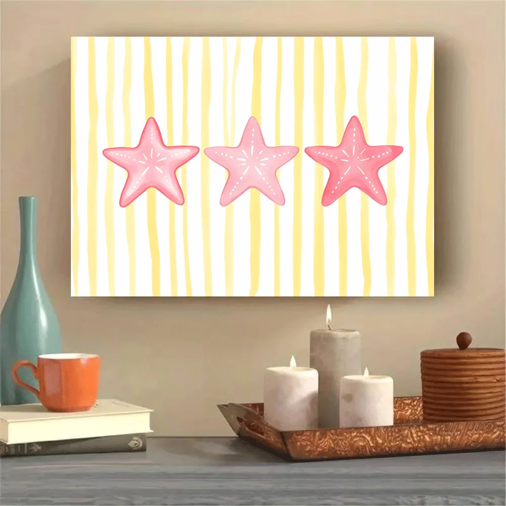 1PC-Canvas poster Unframed  Pink Starfish Yellow Stripes Beach Wall Art Canvas Print  summer