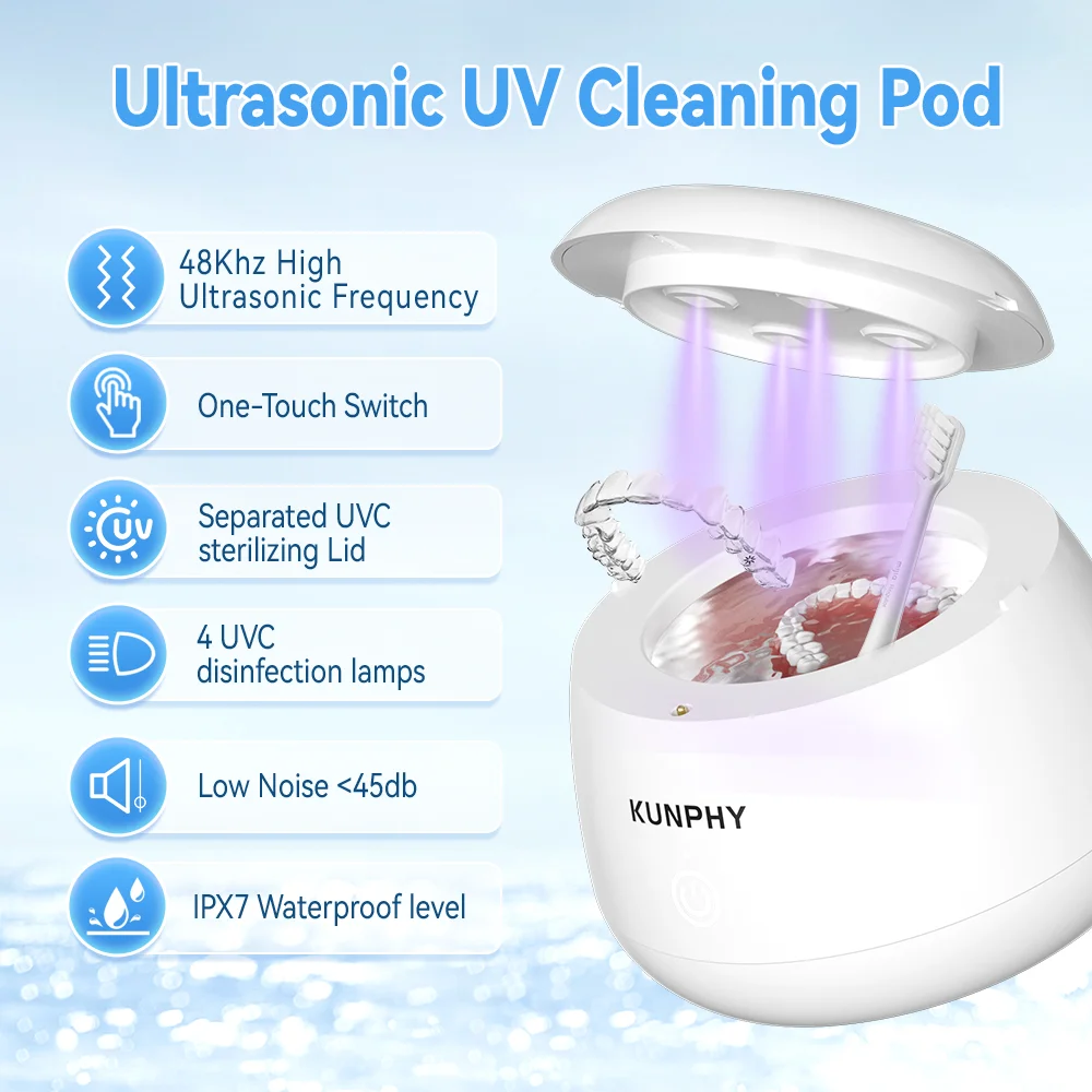 Portable Mini Ultrasonic UV Denture Cleaner, 300s Auto Clean, Waterproof Low Noise For Braces Retainer Jewelry