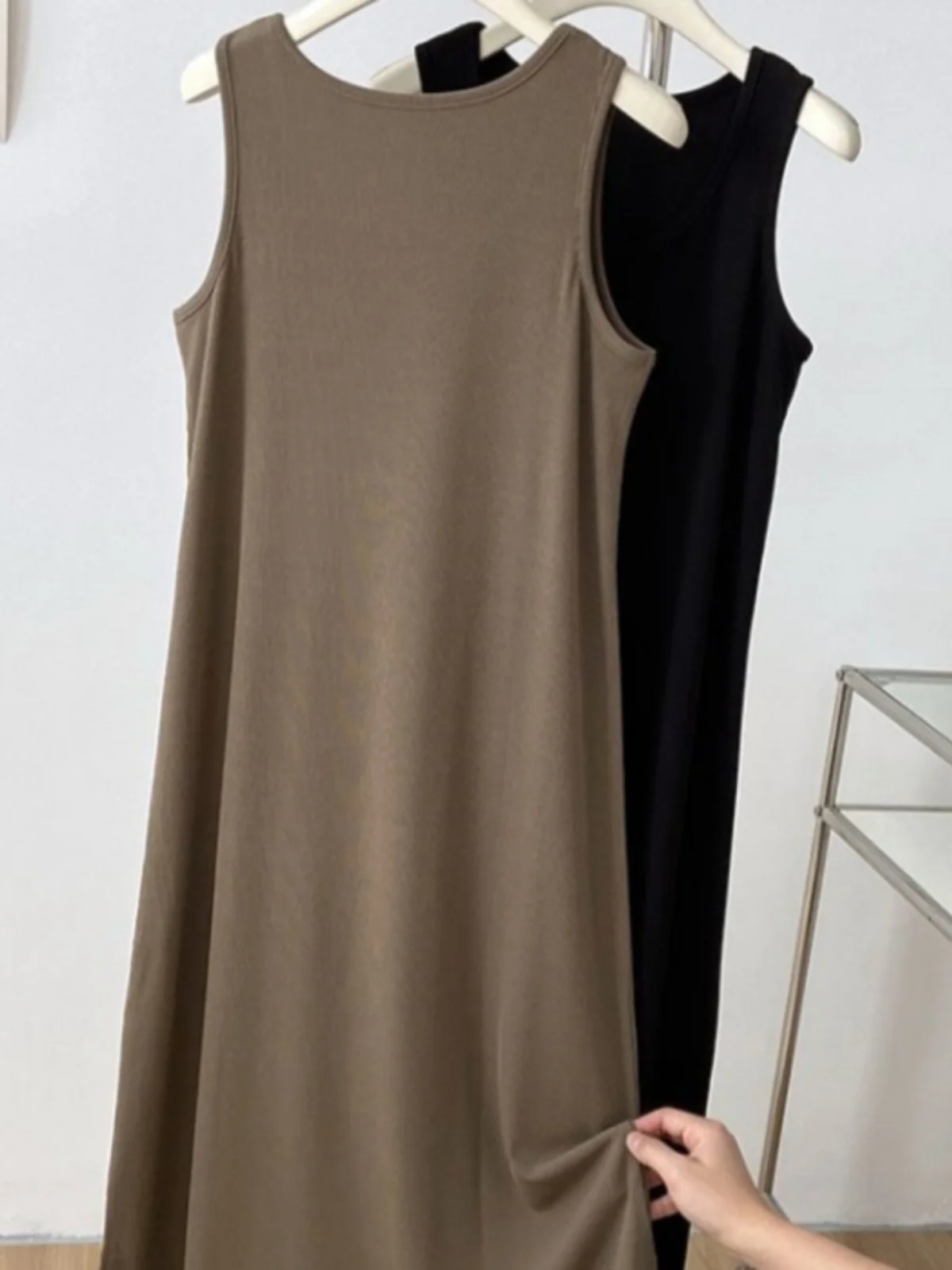 Large Size Summer Thin Hanging Women's Vest Skirt Sleeveless Base Dress Korean Style Commute round Neck Mid-Length Skirt