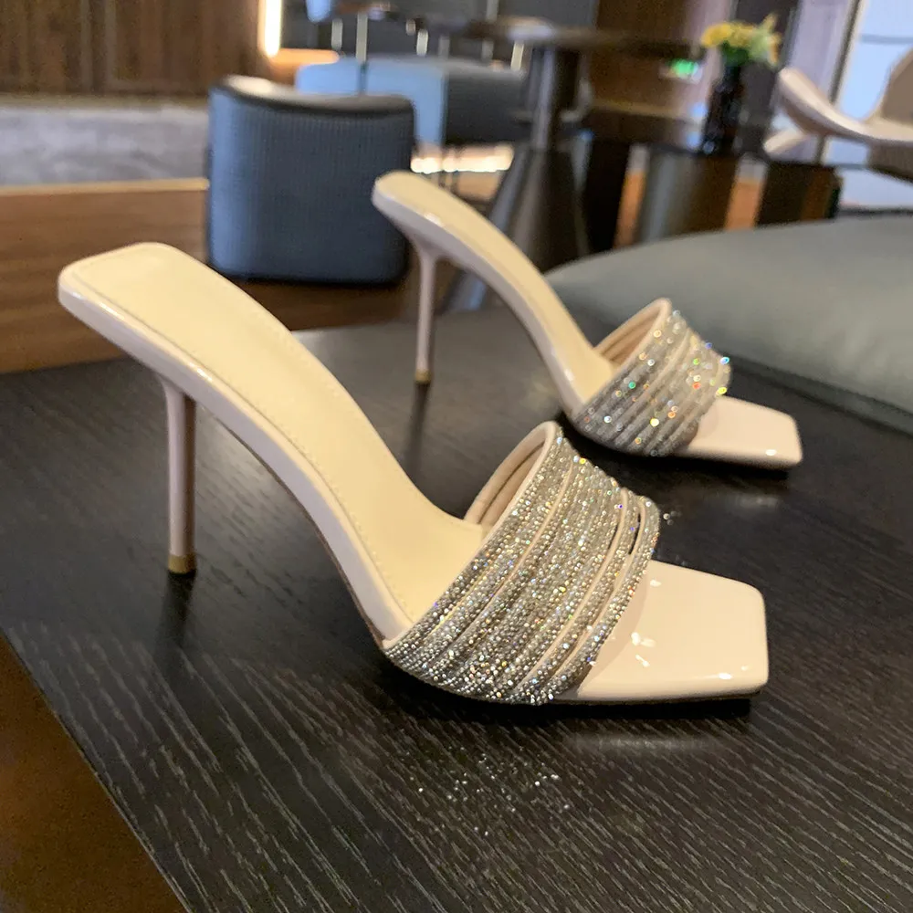 

Elegant Rhinestones Square Toe Slippers Sexy Thin Heel Slip On Sandals New Fashion Women Luxury Modern Shoes