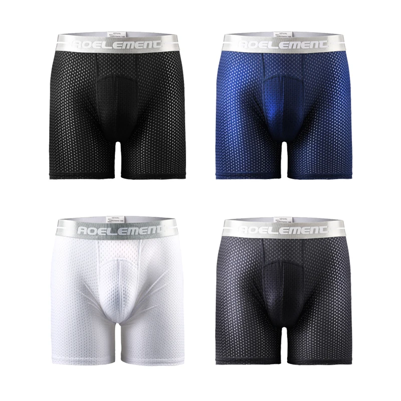 ملابس داخلية رياضية احترافية للرجال سراويل بوكسر طويلة مضادة للارتداء من الحرير الجليدي مجوفة قابلة للتنفس سريعة الجفاف والجري وساق طويلة