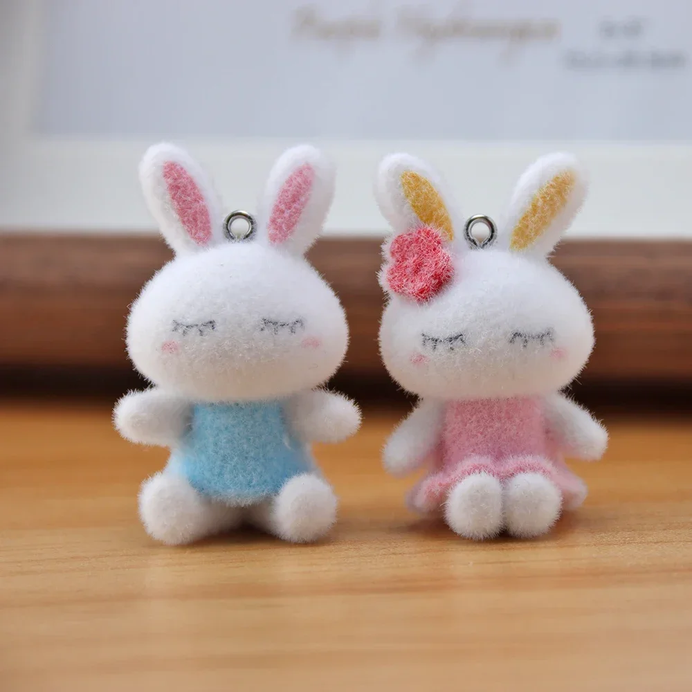 10Pcs 3D Cartoon Flocking Resin Rabbit Charms Plush Animal Pendant For Phone Bag Keychain Earring DIY Crafts Jewelry Make