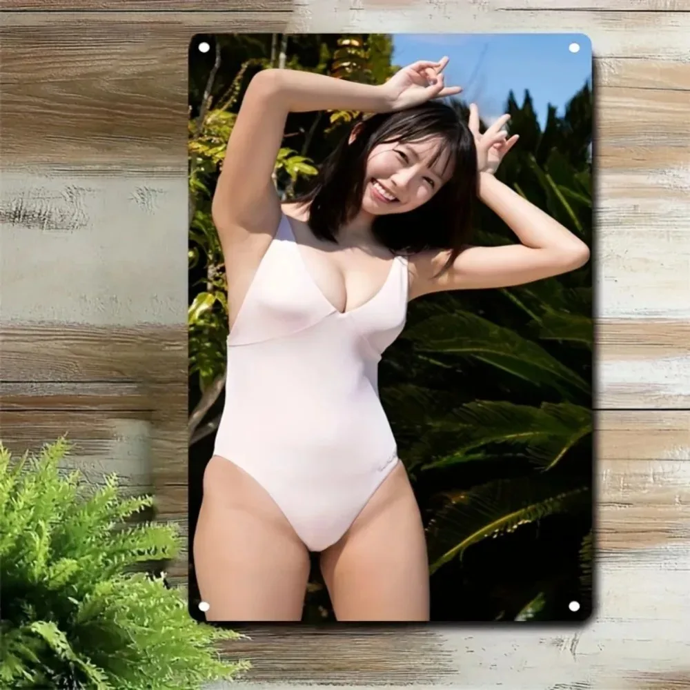 Vintage Cheerful Asian Woman with Short Brown Hair Metal Tin Sign - Retro Summer Girl in Light Pink One-Piece Swimsuit, Posin