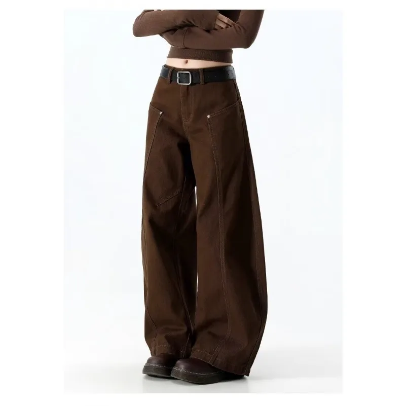 2026 Japanese Y2K Style Vintage Brown Patchwork Baggy Women's Jeans Pants Wide Leg Woman Clothing Casual Cotton Long Trousers 4