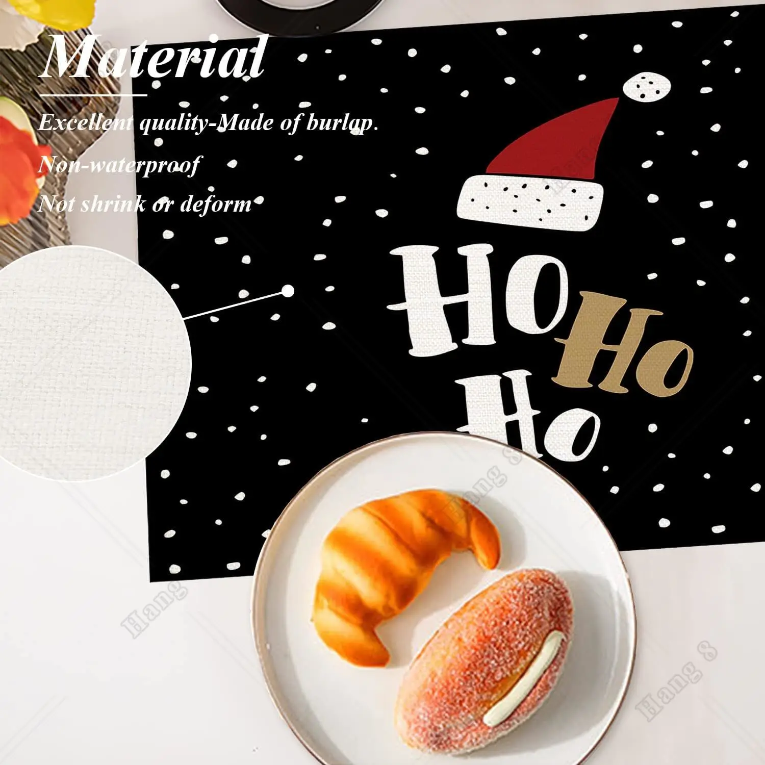 Ho Ho Snow Black Christmas Santa Hat Placemats White Table Mat Washable Heat Insulation for Dining Table Kitchen Table Set of 4