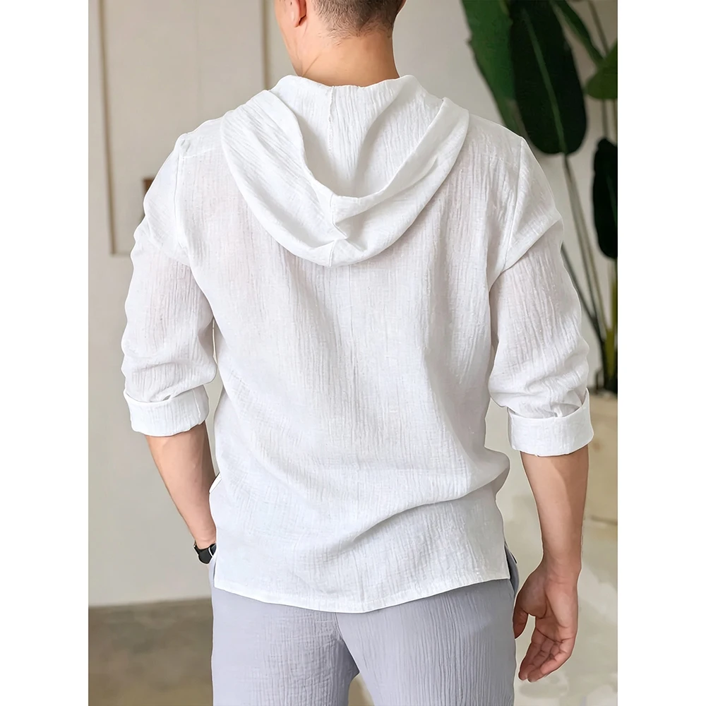 Men's Cotton  Hooded Shirt Solid Color Long Sleeve Fashion Simple Style Vacation Breathable Loose Fit Tops Cozy Casual Tees