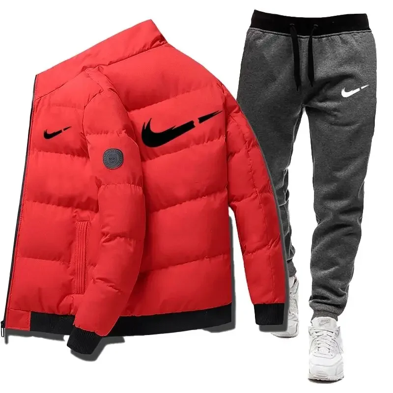 2024 Winter Casual Men\'s Warm Jacket Set Letter Printed Fashion Jacket + Sweatpants 2-piece Set