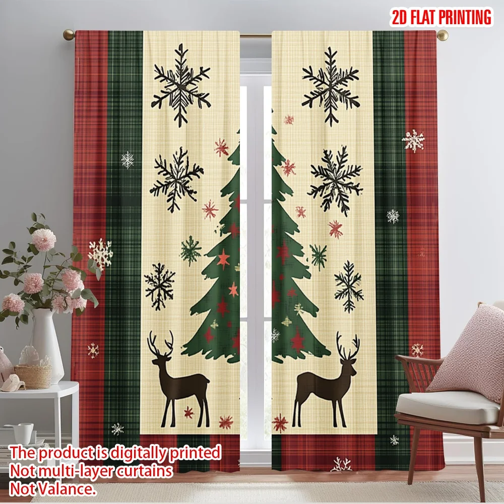 2pcs,2D plane printing Curtains&Window Treatment Buffalo Plaid Christmas Trees Snowflakes_c Versatile Fabric (without rod) Room