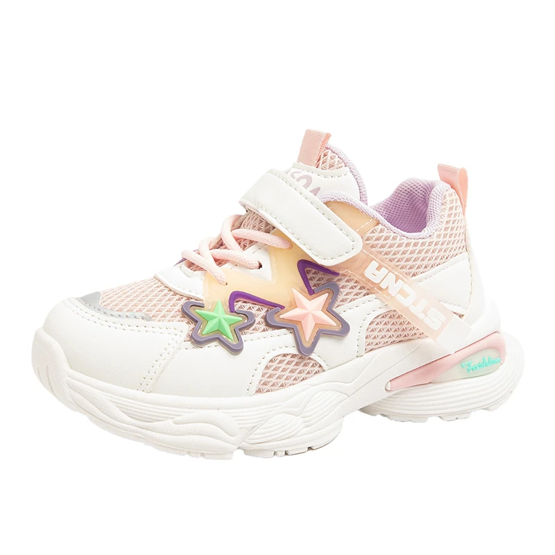 2025 Fashion Girls Sneakers with Stars Students Sports Shoes Kids Mesh Breathable Thick Soft Sole Running Shoes