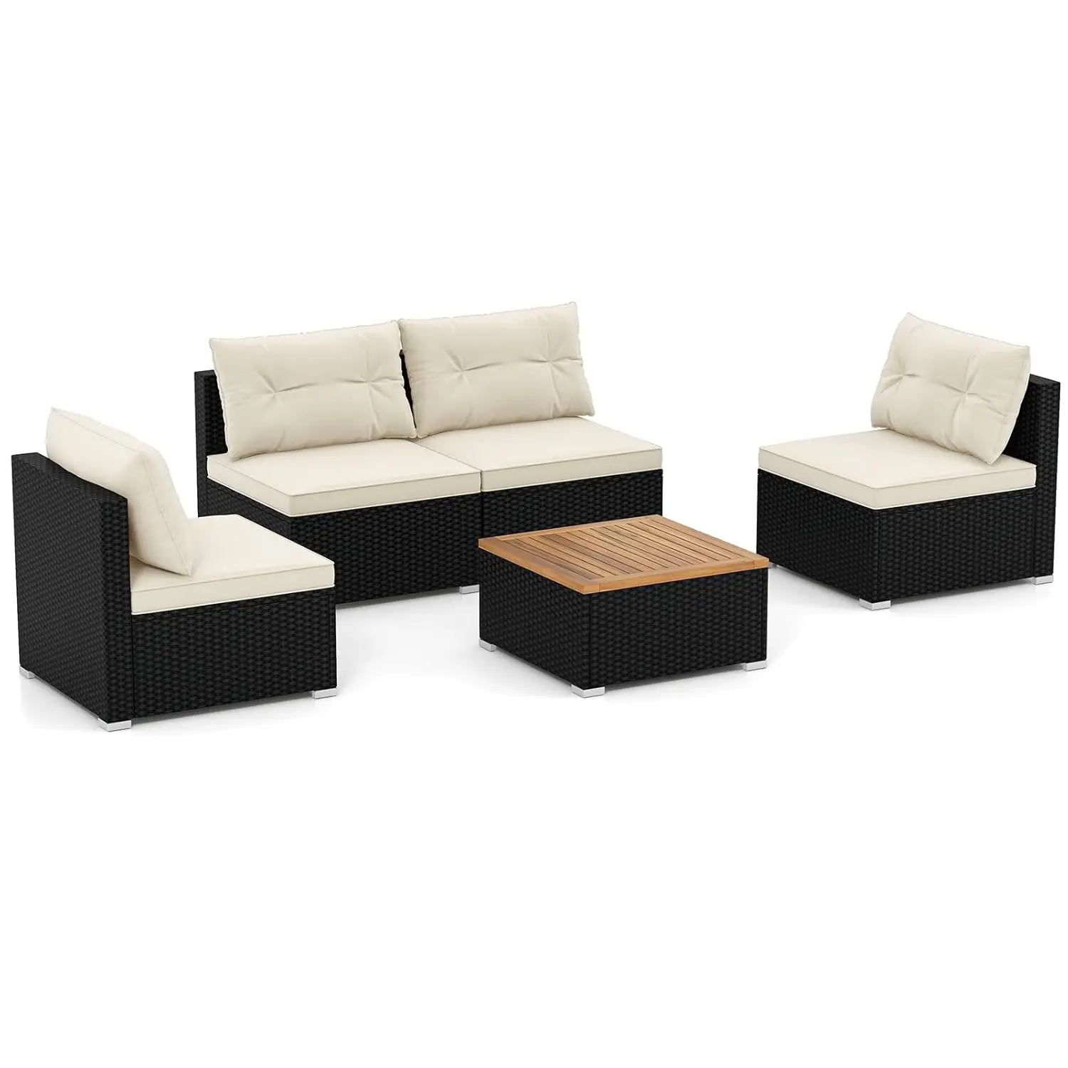 

5-Piece Wicker Outdoor Furniture - PE Rattan Sectional Conversation Set w/4 Armless Sofas & Acacia Wood Coffee, Customized