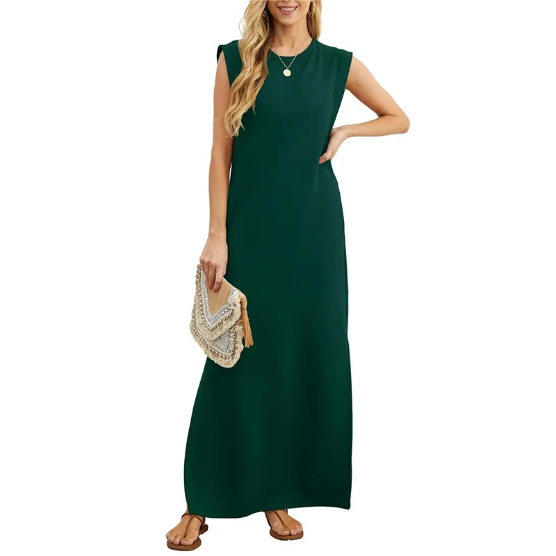 

Fashion Summer Lady Long Dress Round Neck A-line Sleeveless Dress Loose Waist Commute Maxi Dress Elegant Casual Solid Dressess