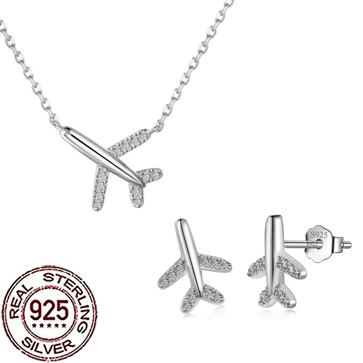 

CWWZircons стерлингового серебра 925 пробы геометрический CZ дизайн самолета ожерелье 2 шт. наборы для женщин свадебная вечеринка ювелирные изделия подарки ST050