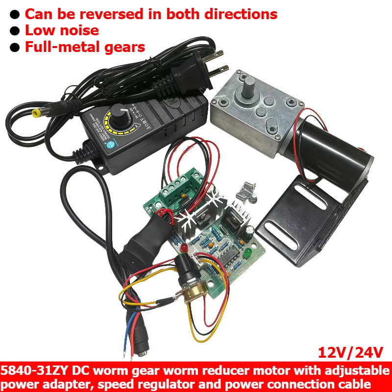 5840-31ZY DC worm gear worm reducer motor 12V/24V with adjustable power adapter, speed regulator and power connection cable