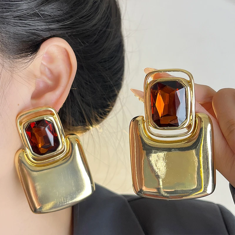

French retro light luxury exaggerated mirror metal geometric block gemstone earrings temperament earrings accessories ladies