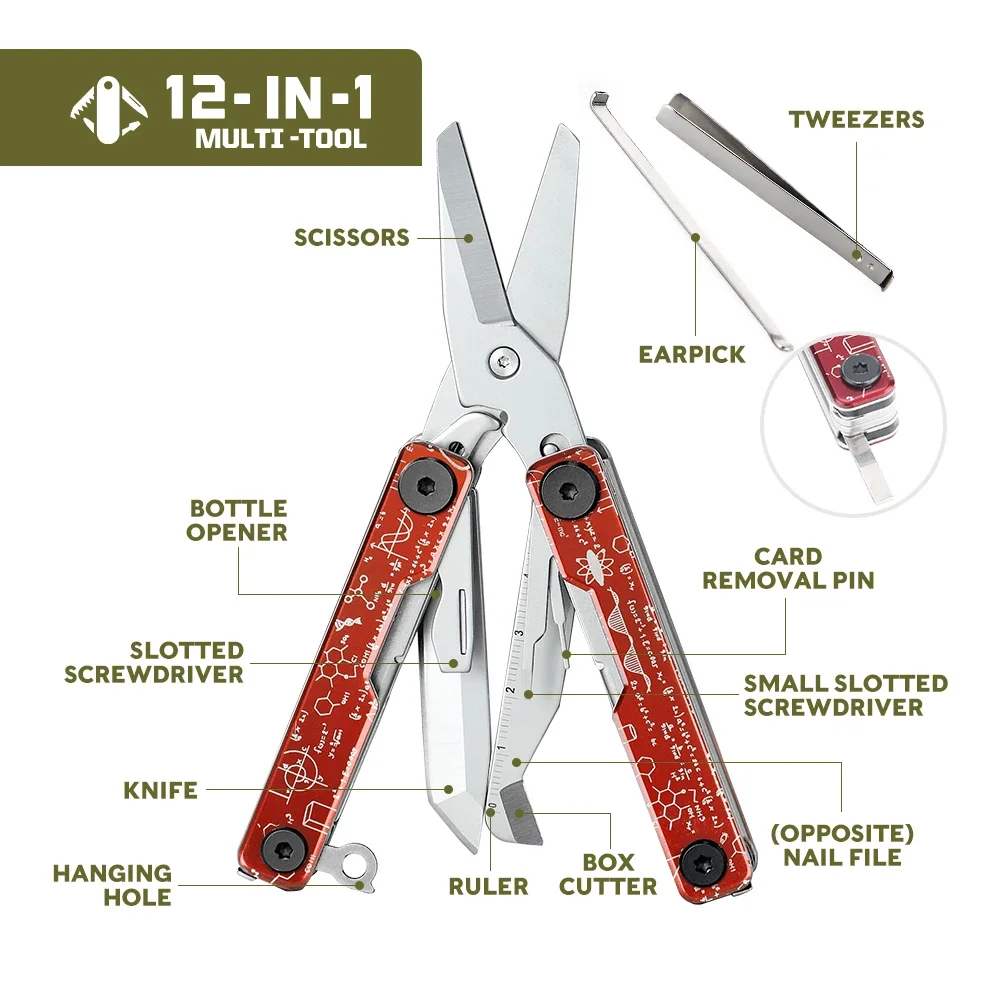 SWISS TECH 12 IN 1 Portable Multifunctional Folding Scissors EDC Multitool Folding Knife Outdoor Camping Hand Tools Box Cutter