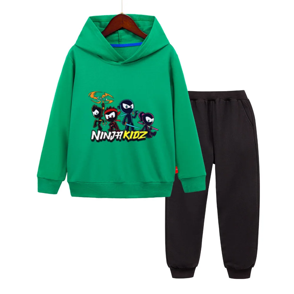 

NINJA KIDZ Green Child Hoodies Trousers 2Pcs Boy Girl Autumn Mystery Ninja Hooded sweatshirts two-piece Hoodies with hood