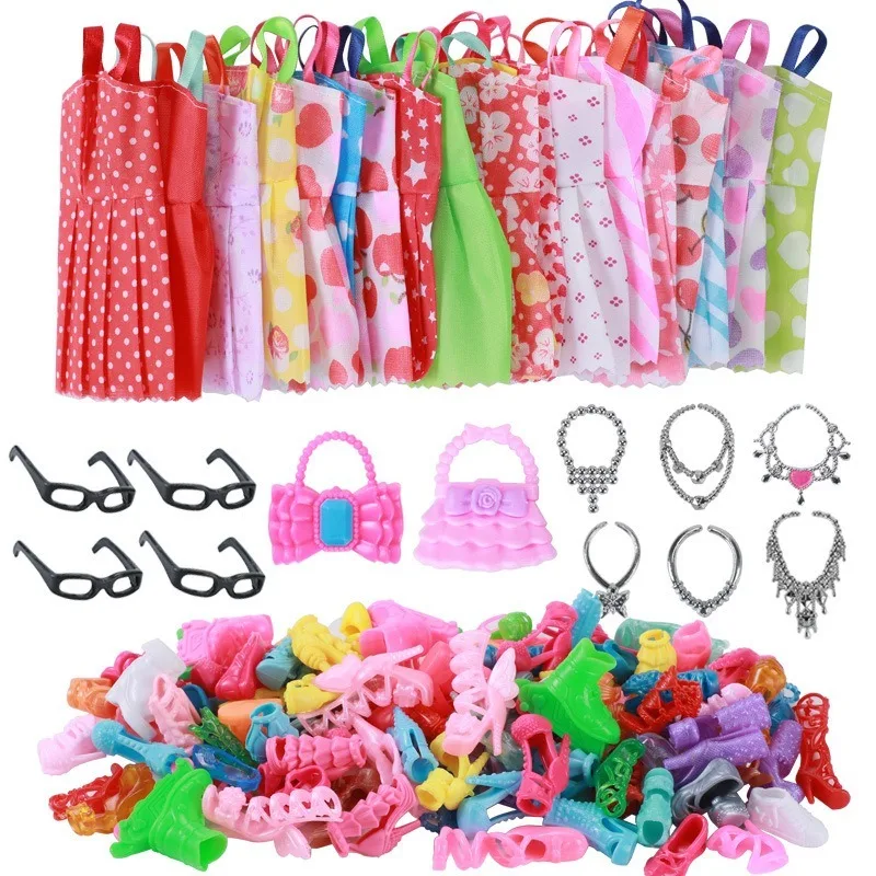 

32 pcs Random Doll Clothes and Accessories, 10pcs Fashion Dresses 22pcs Shoes, Glasses, Necklaces, Handbag for Barbie Doll