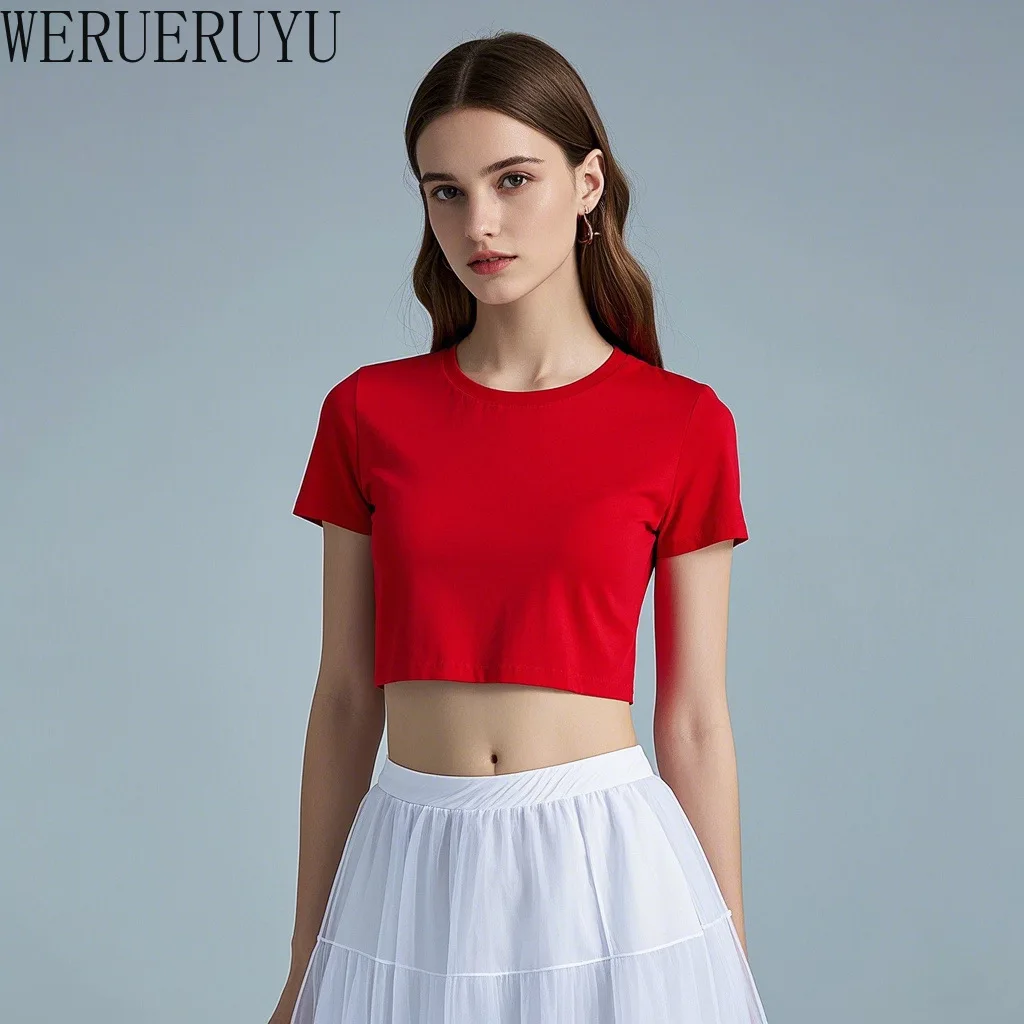 

Летняя хлопковая футболка, женская одежда, высококачественный укороченный топ с короткими рукавами, повседневные модные короткие футболки в стиле Харадзюку для женщин 2025