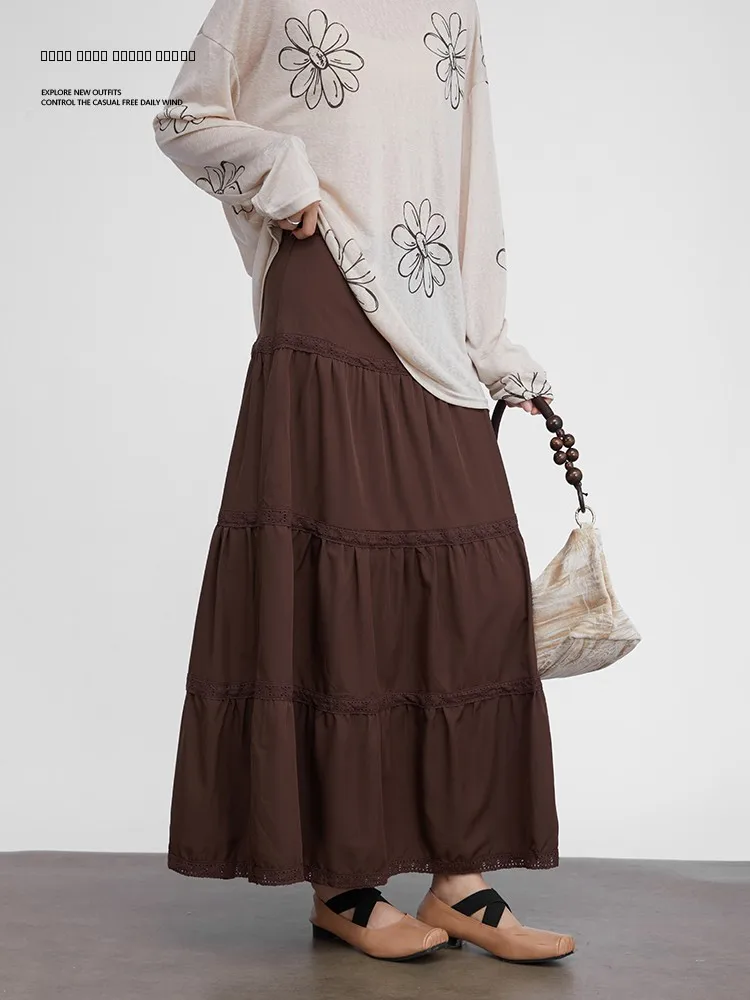 

High Waist Brown Umbrella Skirt Women's Mid-Length Over-Knee Cake Skirt Tee Galaxy Residents Autumn Winter Casual Sle