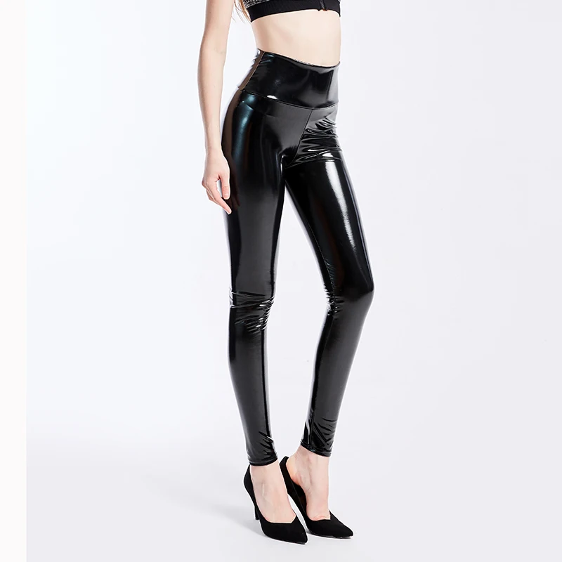 Preto mais tamanho xxxl feminino preto leggings sexy cintura alta elástico couro do plutônio calças magras brilhante molhado olhar metálico látex leggings