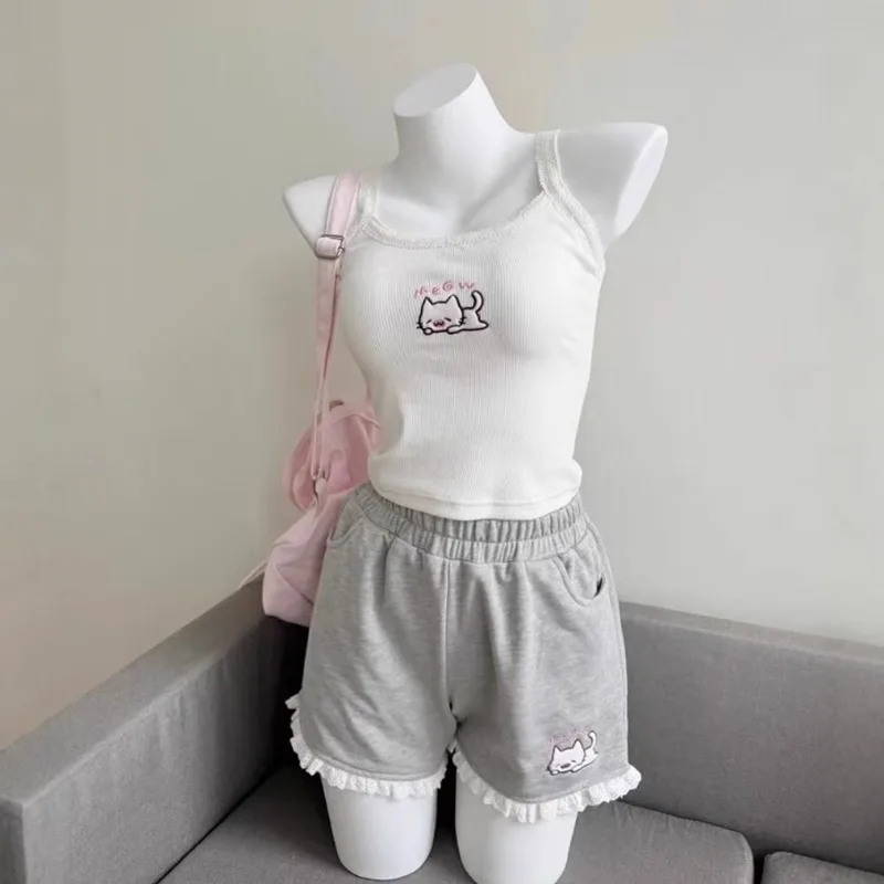 Summer 2025 New Japanese Sweet Cute Cartoon Embroidered Lace Versatile Shorts Student Loose Casual Wide Leg Short Pants Women