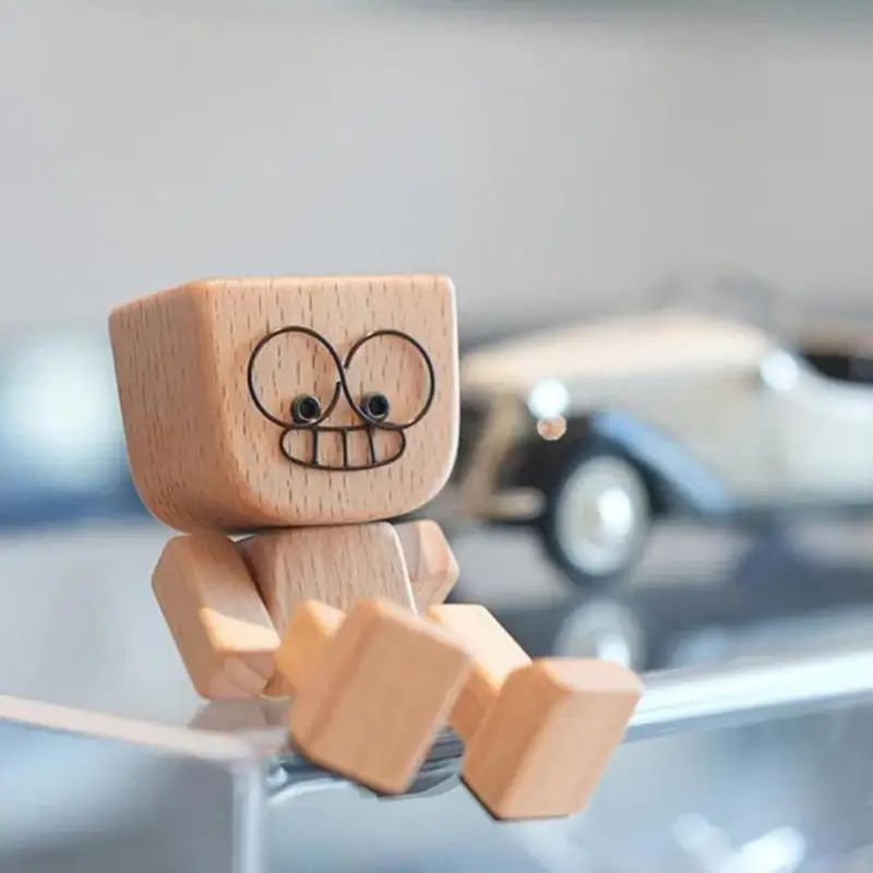 2026 New Swaying Wooden Man Figurine Car Ornament Hand Carved with Base, Head Shaking Stress Reliever for Dashboard &