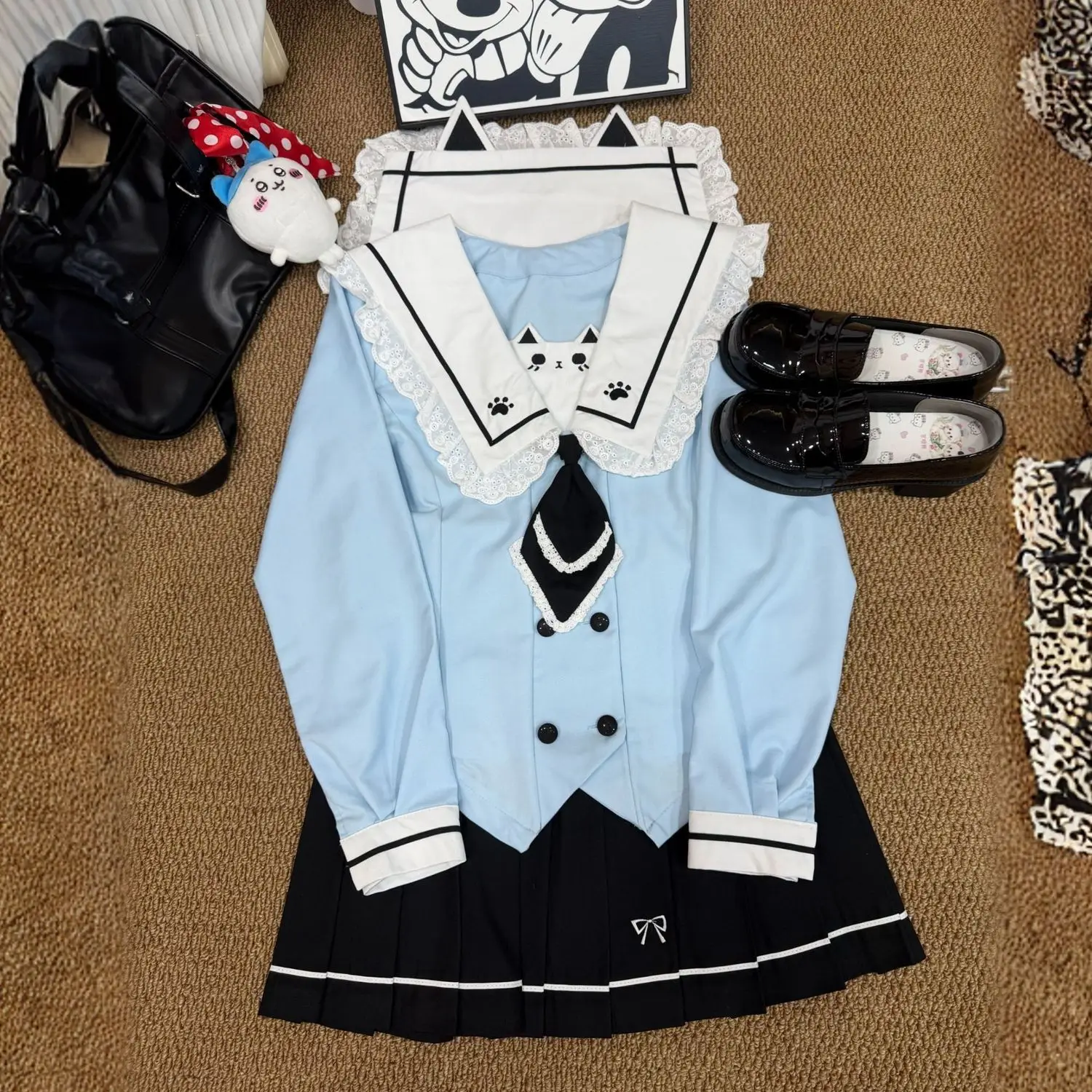Authentic Japanese Korean Style Blue Cat Pattern Sailor Uniform Sweet JK Uniform Slimming Waist Preppy Style Long Short Sleeves.