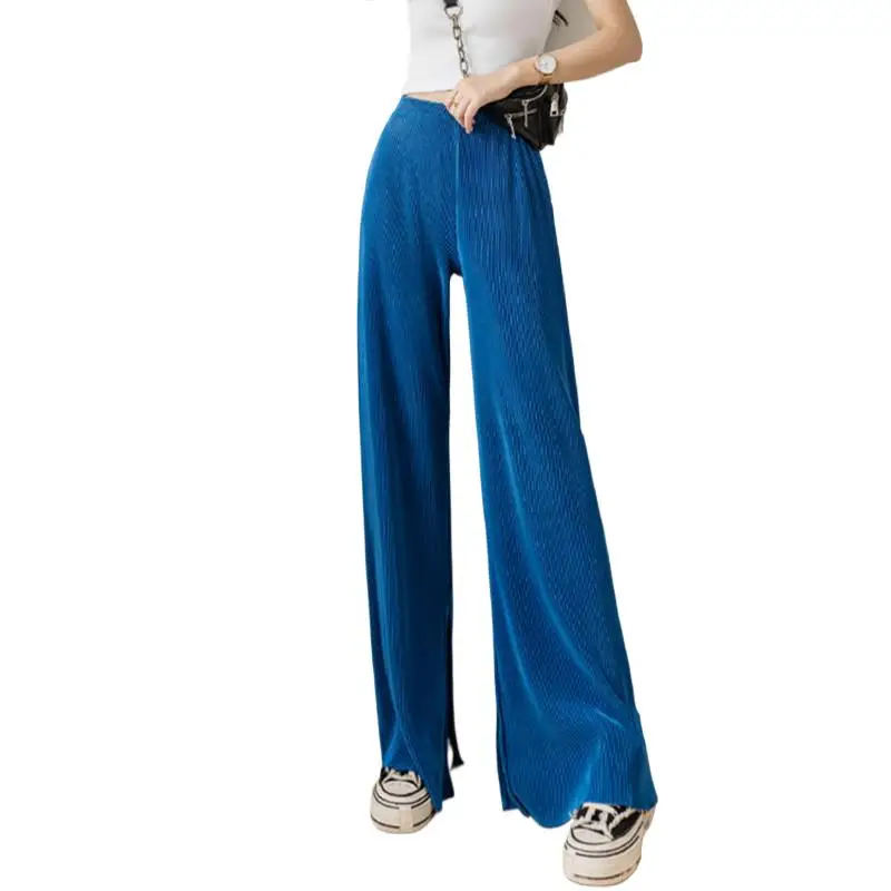 

Summer Pleated Straight Pants for Women Loose Casual Solid 8 Color Ice silk Trousers Women Long Maxi Pants -