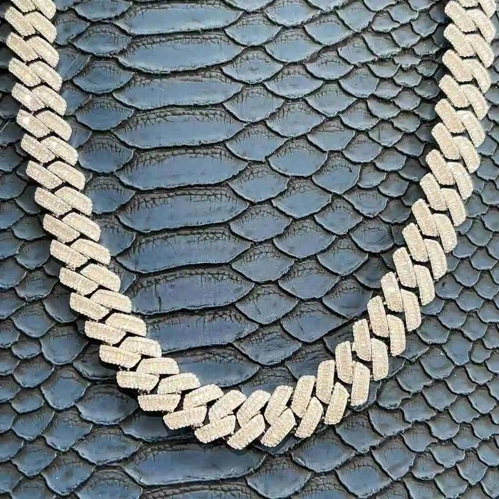 Fine Jewelry Fashion Men Cuban Chain 15mm Width Custom Silver Iced Out Baguette Moissanite Necklace.