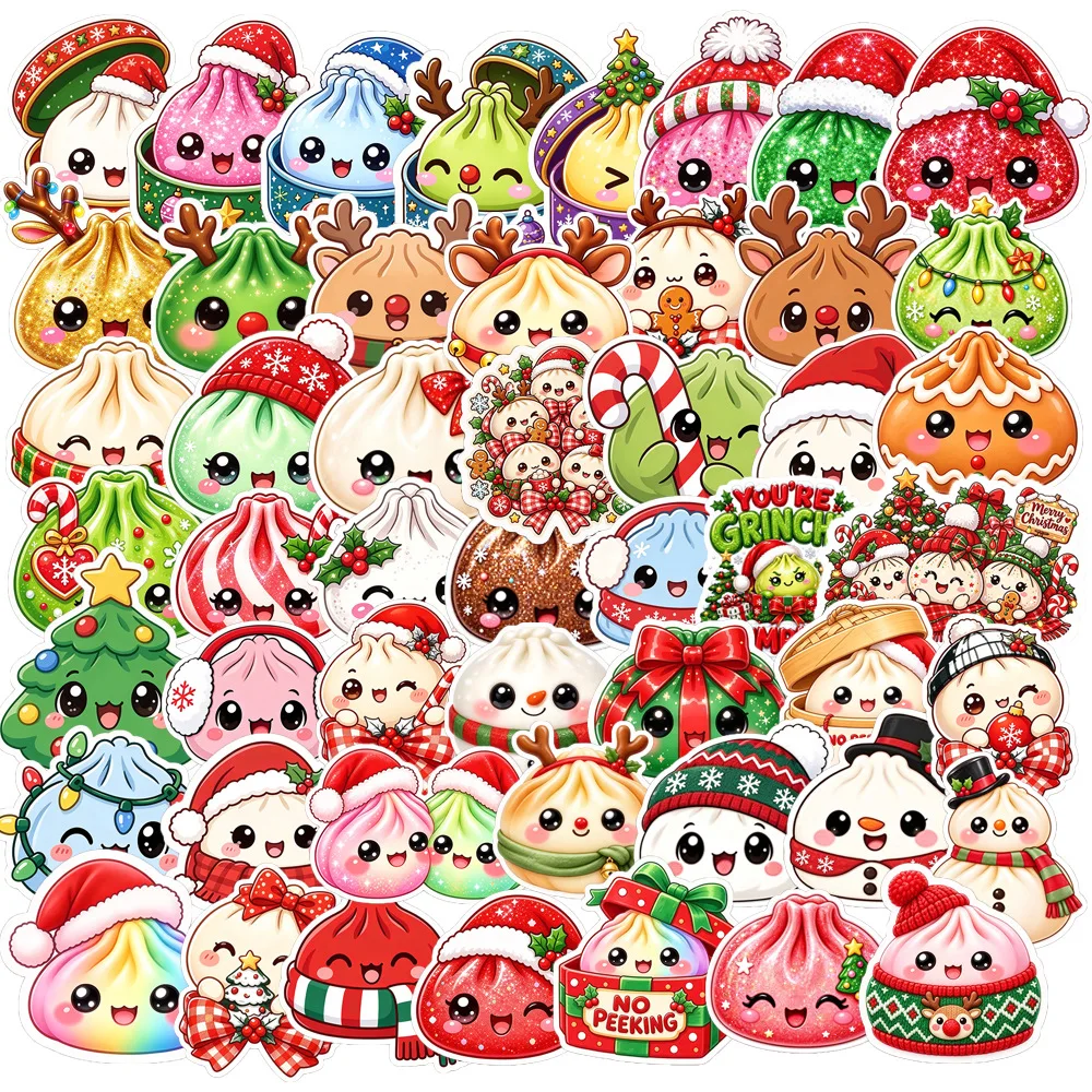 50 Pcs Cute Christmas Dumpling Stickers Set Waterproof Fun Cartoon Design for Luggage Phone Case Water Bottle Decorations