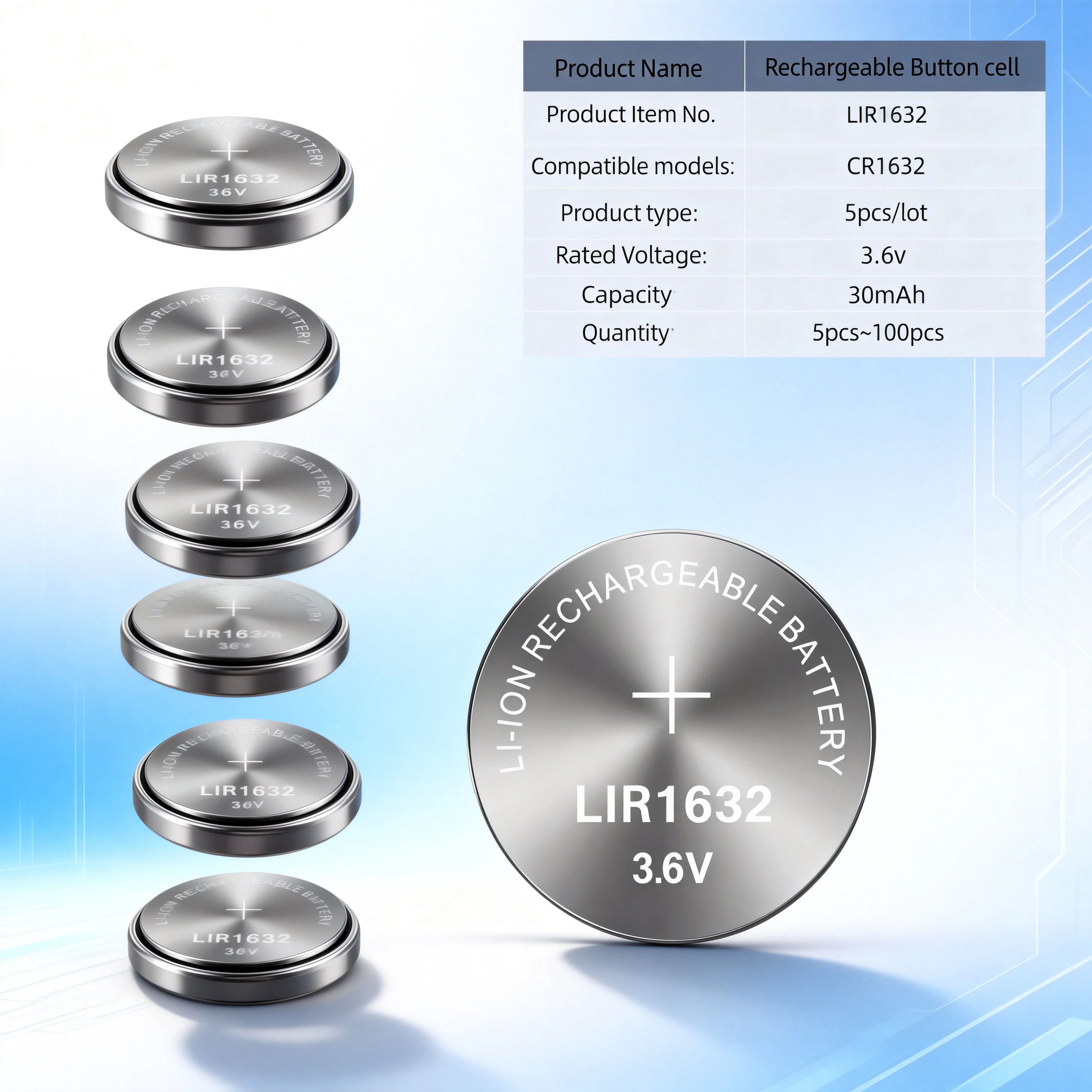 

3.6V 30mAh LIR1632 Rechargeable Lithium Battery Replacement for CR1632 for Watch Car Remote Control