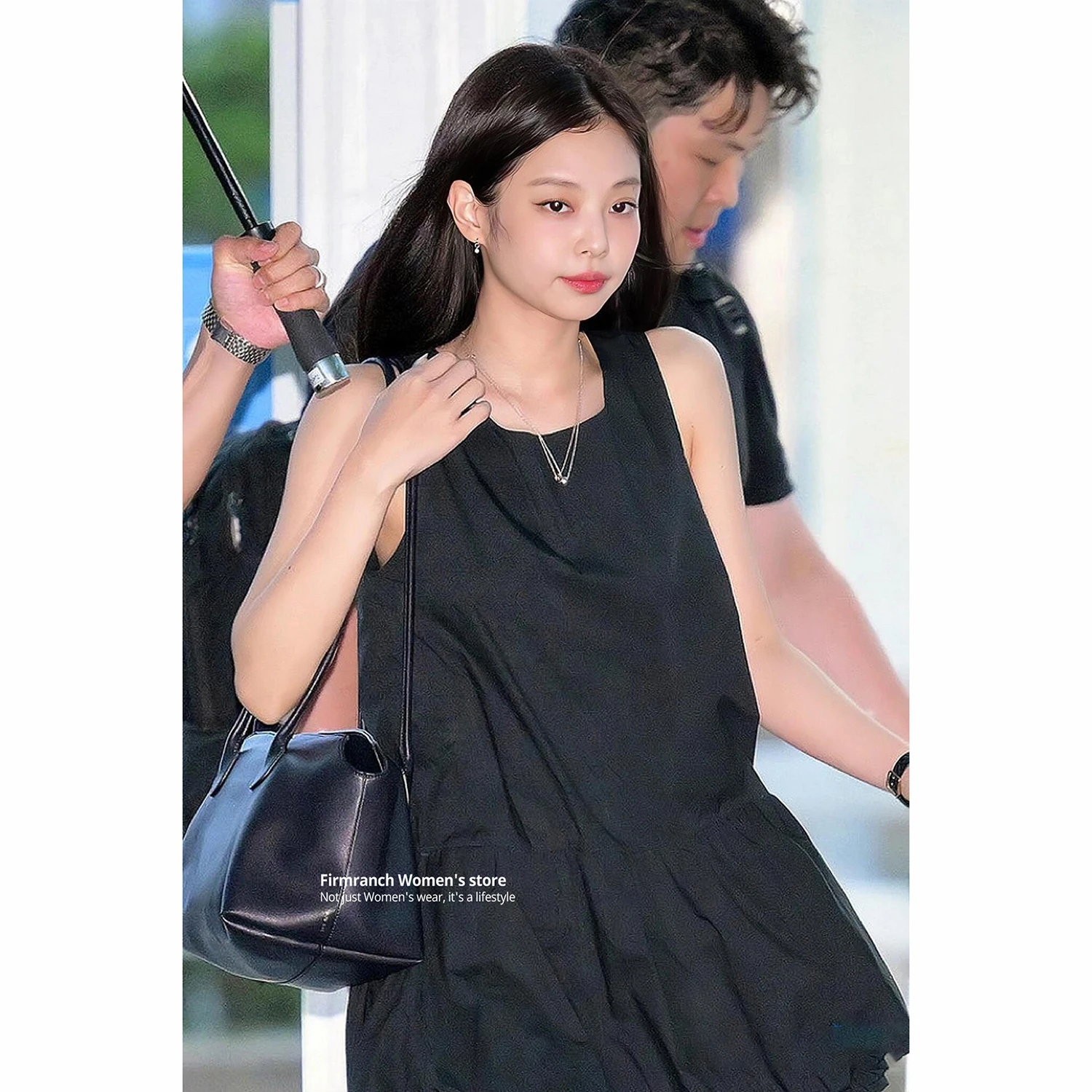 Firmranch 2024 Summer Jennie Outfit Black One Piece Dress Sleeveless Elegant Loose Bubble Mini Skirt For Women Cute Bud Dress