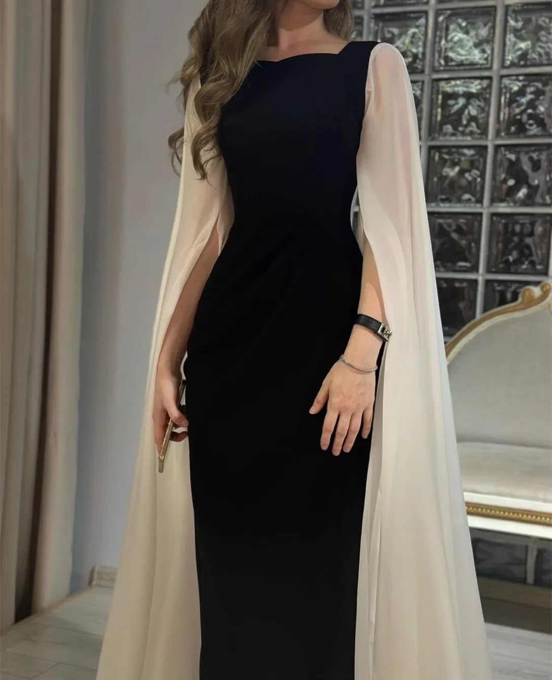 Customized Classy Long Arabic Evening Dresses With Cape Straight Square Neck Floor Length Ruched Prom Dresses For Women Special