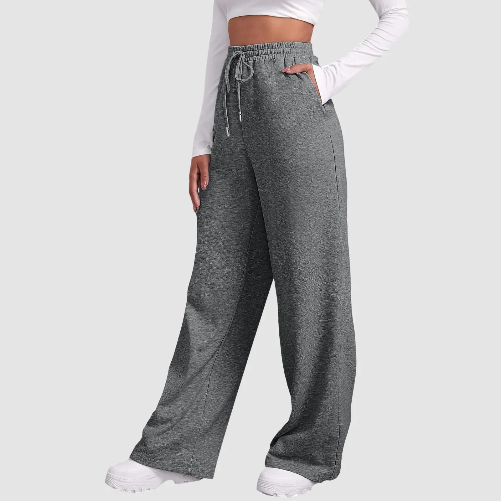 Pantalones de chándal con forro polar para mujer, pantalones de pierna ancha y recta, pantalones de chándal con parte inferior, pantalones para correr, pantalones de entrenamiento de cintura alta con bolsillos