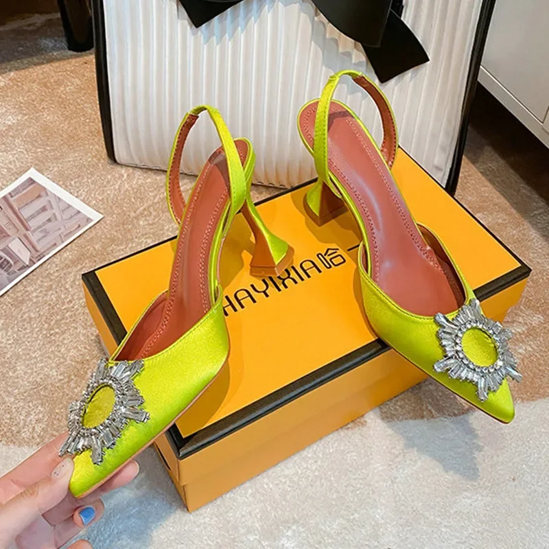 Big Size 41 42 Gold Women Pumps Silk Satin Pointy Toe Rhinestone Crystal High Heels Shoes Slip on Women Wedding Pumps Sandal