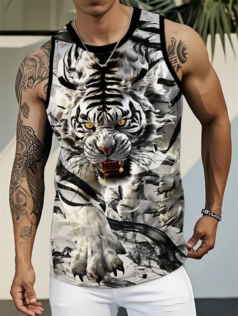 Ferocious White Tiger Print Sleeveless Tank Top For Men Breathable Quick Dry Muscle Shirt Wild Animal Graphic Gym Fitness Vest