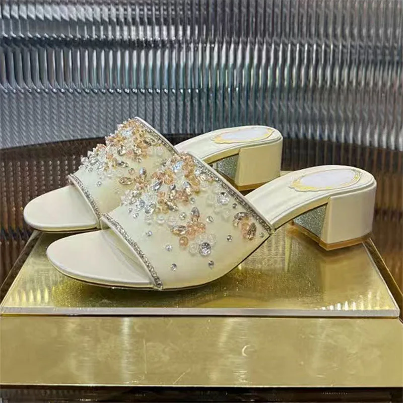 

2025 Hot Selling Modern Square Heels Slippers Women Rhinestone Party Slides Woman Mid Heels Slides Summer Slippers For Woman
