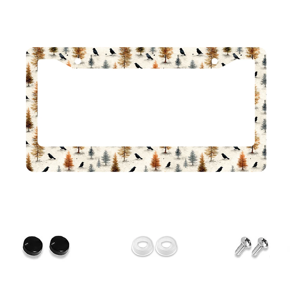 1pc Retro 2-Hole License Plate Frame with Autumn Trees and Birds Pattern, Aluminum Material, 6x12 Inches, Includes Screw Set, F