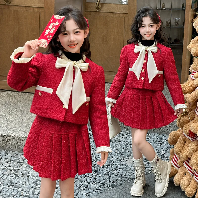 

Комплект одежды для девочек-подростков на Новый год: красная куртка из плотного хлопка с бантом и круглым вырезом + плиссированная юбка, 2 предмета, дизайнерский костюм для детей, детская одежда.