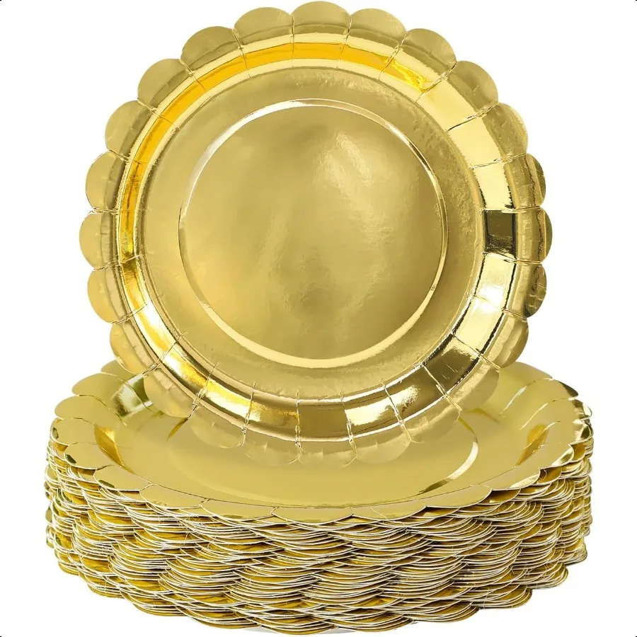 

50 Pieces Gold Scalloped Paper Plates 7 Inch Gold Scalloped Dert Plates for Wedding Baby Shower Christmas Birthday Party Dinne