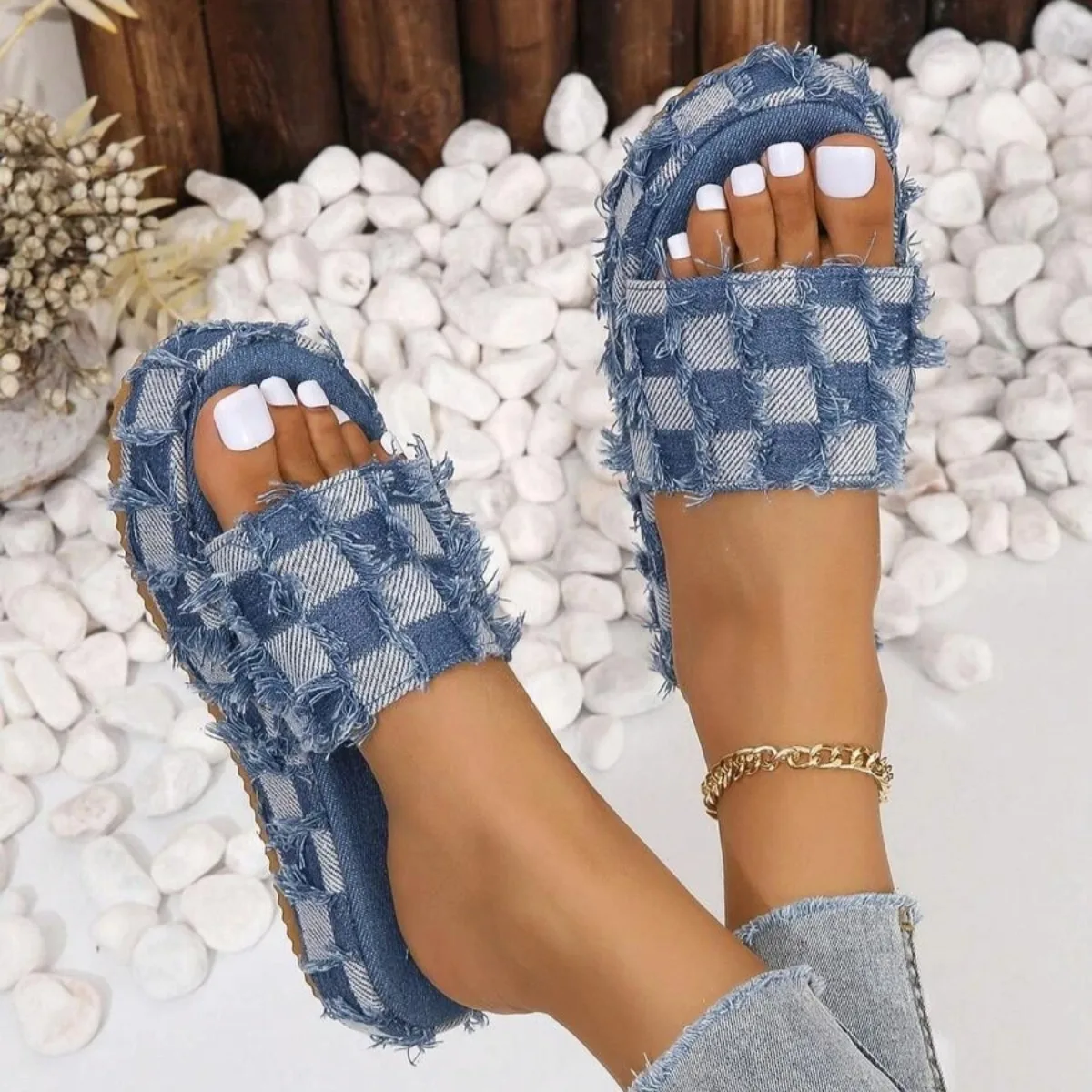 

Women Luxury Fashion Slide Sandals Denim Checkered Thick Bottom Casual Blue 2025 Summer Party Platform Outdoor Sexy Fabric New