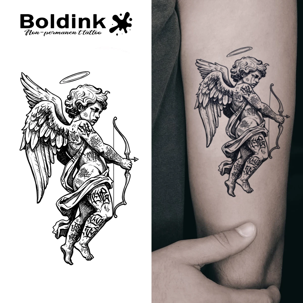 Boldink Non-Permanent Tattoo Cupid Little Angel Tattoo Modern Personalized Tattoo Real Tattoo Effect Waterproof for 1-2 Weeks.