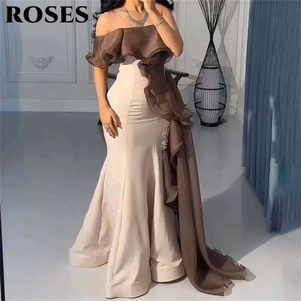 Vestido de fiesta largo con manchas de sirena de rosas, vestido de noche fruncido con hombros descubiertos, vestido de noche de trompeta para celebridades con pliegues personalizado
